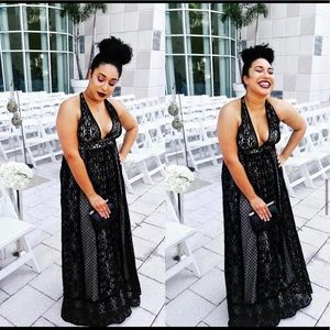 Black Lace Nude Illusion Deep Plunge Maxi Gown